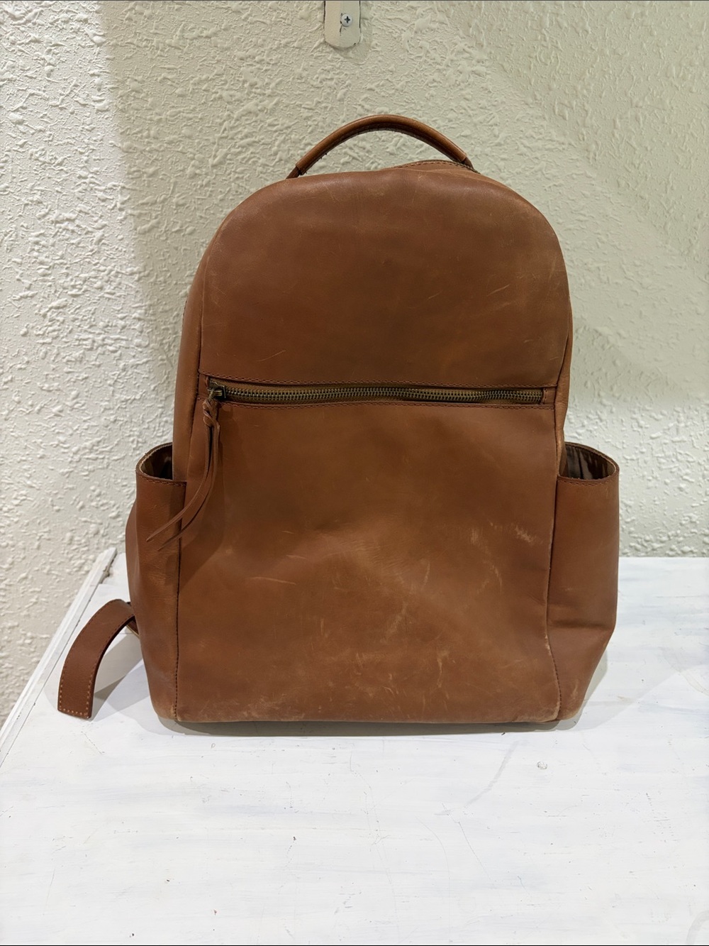 Able Brown Leather Backpack with Front Zip Pocket